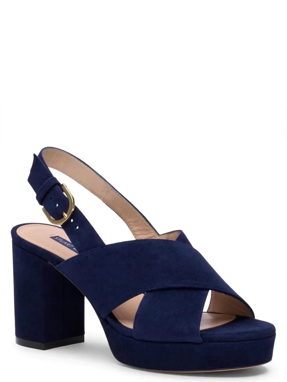 Stuart Weitzman Navy Suede Platform Block Heel Sandals.